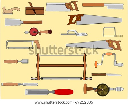 Vector Drawing Of An Assortment Woodworking Hand Tools Saws Chisels Planes And Vector Drawing Of An Assortment Woodworking Hand Tools Saws Chisels Planes And