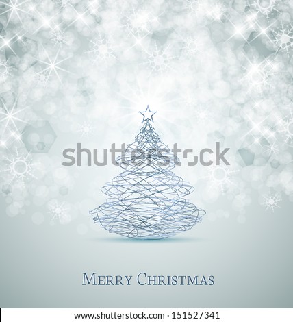 Merry Christmas card, Christmas tree and snowflakes