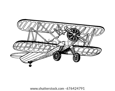 Old Airplane Biplane Raster Illustration Scratch Stock Illustration ...