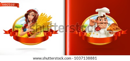 Wheat and Bread. Farmer and Baker. 3d vector label