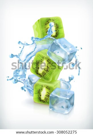 Kiwi with ice cubes and water splash, vector icon