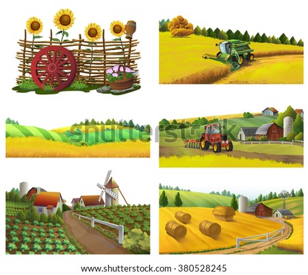 Farm, rural landscape, vector set