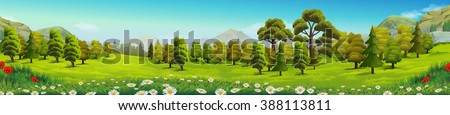 Meadow and forest, nature landscape, vector background