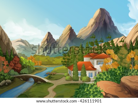 House in the mountains, nature landscape, vector background