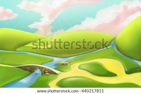 3d cartoon nature landscape with bridge, vector illustration with meadows, hills, river, and cloudy sky. Summer scenery with roads, countryside panorama, can be used as a game basic background