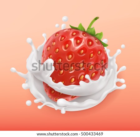 Strawberry and milk splash. Fruit and yogurt. Realistic illustration. 3d vector icon