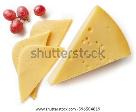 Piece and slices of cheese isolated on white background from top view