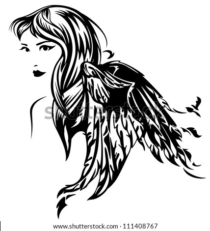 Raster Beautiful Angel Girl Illustration Black Stock Illustration ...