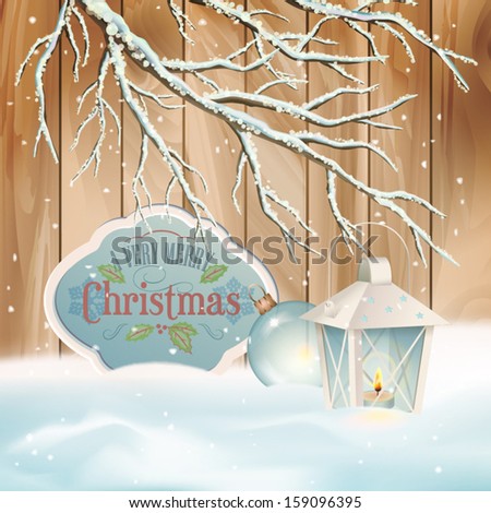 Vector vintage Christmas background. Xmas winter scene with snow-covered frozen tree branch, lantern, retro style border frame, text Merry Christmas, snowdrifts, snowfall, wooden fence, Christmas ball