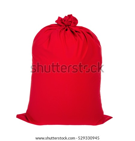Red tied up closed Christmas sack of Santa Claus full of gifts isolated on white background