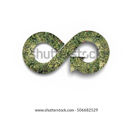 Green circular economy concept. Arrow infinity symbol with grass, isolated on white background.