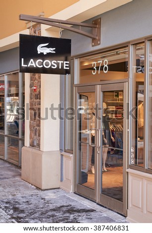 MONTREAL, CANADA - MARCH 6, 2016 - Lacoste outlet in Premium Outlets Montreal. The Premium Outlets is the second Premium Outlet Center in Canada located in Mirabel, Quebec.