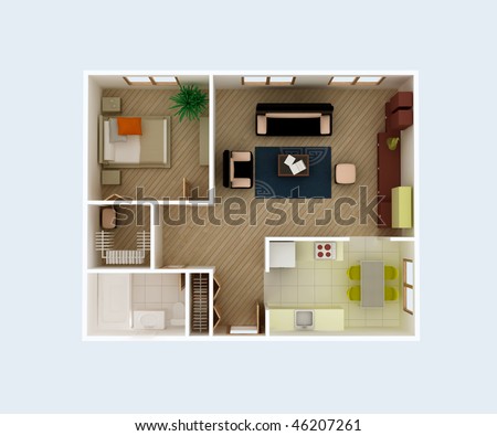 3d House Plans Stock Images, Royalty-Free Images & Vectors ... - Plan view of a house. Clear 3d interior design. Kitchen, Dining, Living