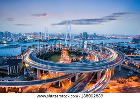 beautiful nanpu bridge at dusk ,crosses huangpu river ,shanghai ,China