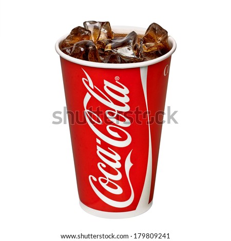 Editorial photo of Classic Coca-Cola in takeaway cup on White Background including clipping path. Coca-Cola Company is one of the most popular and market leader in Turkey. TURKEY - March 4, 2014