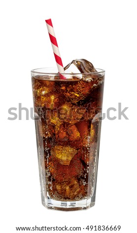 Cola with crushed ice and straw in glass on white background