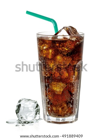 Cola with crushed ice and straw in glass on white background