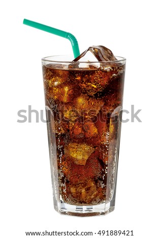 Cola with crushed ice and straw in glass on white background