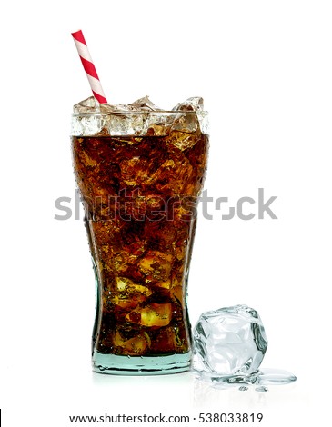 Cola in glass with straw and ice cubes isolated on white background