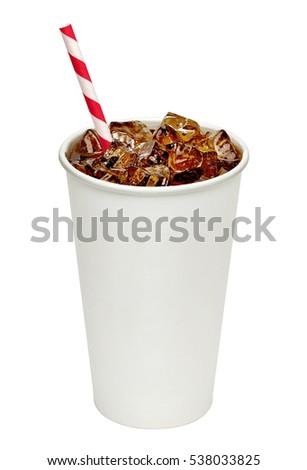 Cola in white blank takeaway cup with straw and ice cubes isolated on white background including clipping path.