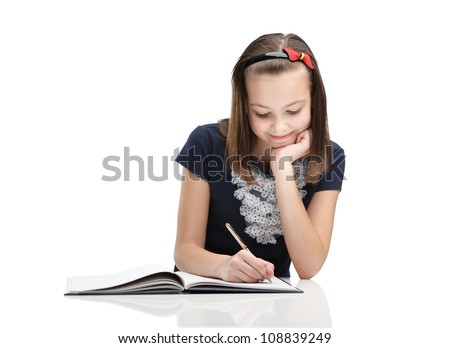 Young student writes a letter, isolated, white background