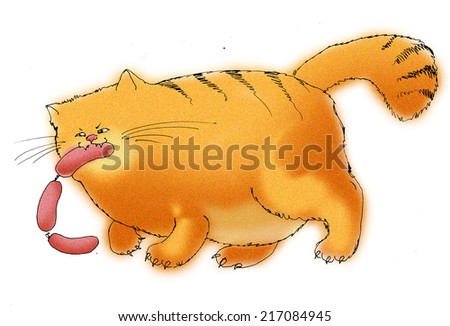 Cat and sausages - stock photo