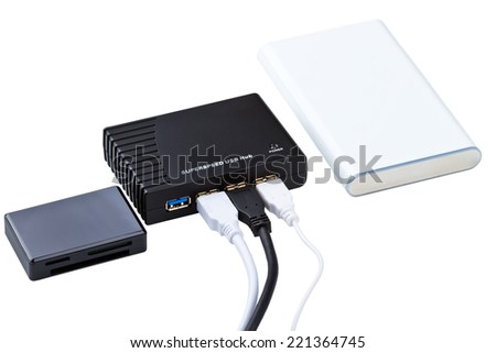 superspeed usb hub, hard disk and card-reader isolated on a white background