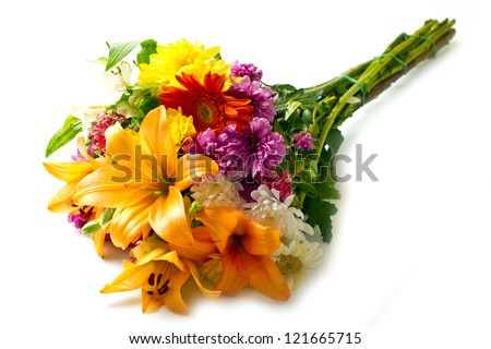 beautiful bouquet of bright flowers isolated on white - stock photo