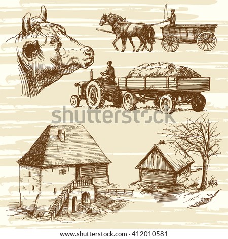 Farm rural landscape agriculture hand drawn collection Farm rural landscape agriculture hand drawn collection