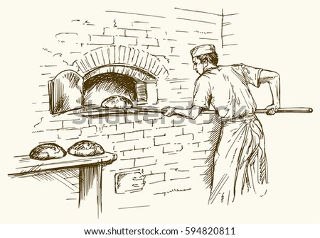 Baker taking out with shovel bread from the oven, vector illustration.