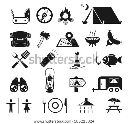 Camping Picnic Icons Set Bw Stock Vector 185225324 - Shutterstock