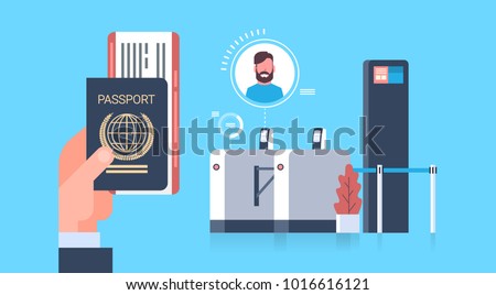 Business Hand Holding Passport And Tickets To Plane Over Check In Scanner At Airport Man During Registration For Departure Concept Flat Vector Illustration