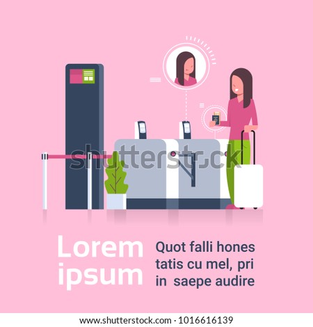 Woman With Suitcase Checking In At Airport Passing Through Security Scanner For Registration Flat Vector Illustration