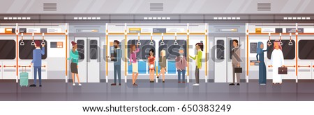 People Passangers In Subway Car Modern City Public Transport, Underground Tram Flat Vector Illustration