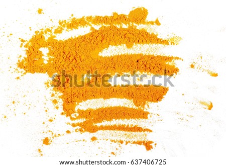 Turmeric (Curcuma) powder isolated on white background, top view