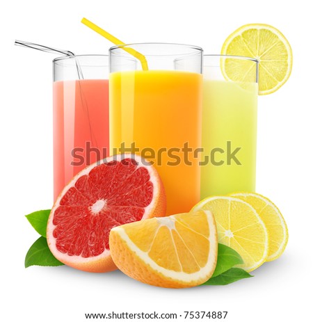 Isolated citrus juice. Three glasses with orange, grapefruit and lemon juice and cut fruits isolated on white background