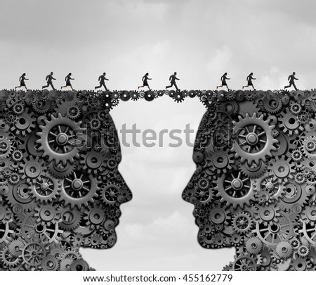 Business industry bridge as a group of people running across a link made of gears and cogwheels shaped as a head as a success metaphor for technology solutions with 3D illustration elements.