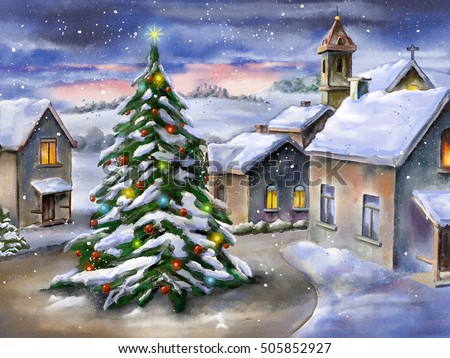 Christmas Tree Snowy Landscape Handpainted Illustration Stock Illustration 505852927 - Shutterstock