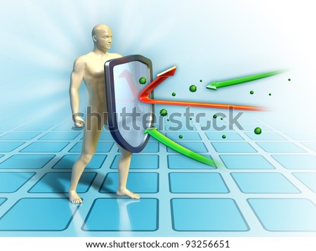 O sistema imunológico defende o corpo humano de ataques externos.  Ilustração digital.