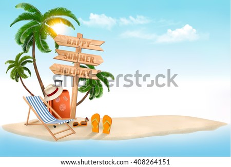 Beach with a palm tree, a direction sign and a beach chair. Summer vacation concept background. Vector.