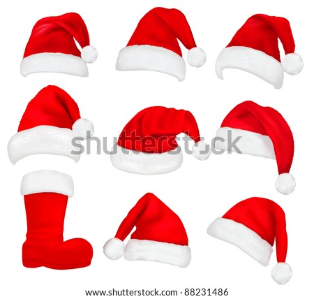 Big set of red santa hats and boot. Vector.