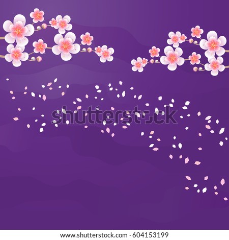 Flower design. Flower background. Branches of Sakura and petals flying isolated on Purple Violet background. Apple-tree flowers. Cherry blossom. Vector EPS 10, cmyk