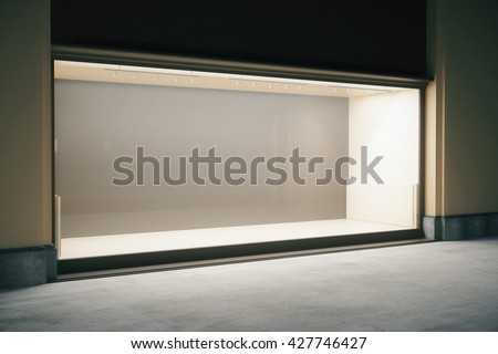 Side View Of Shop Exterior With Large Empty Showcase At Night Mock Up 3D Side View Of Shop Exterior With Large Empty Showcase At Night Mock Up 3D