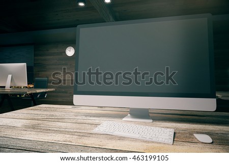 stock photo closeup of blank computer monitor on minimalistic wooden office desktop with keyboard and mouse 463199105