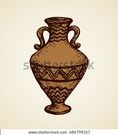 Aged assyrian culture bowl container isolated on white backdrop. Freehand outline ink hand drawn object icon sketchy in vintage art etching graphic style pen on paper. Closeup view with space for text