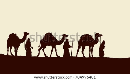 Three old orient Magi following east comet leading to new born holy baby Jesus Christ in Bethlehem present gifts gold, frankincense, myrrh. Black ink drawn backdrop card with space for text on sky