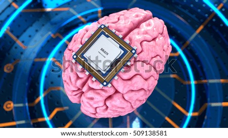 Cérebro humano com processador de computador.  Renderização 3d do conceito, ilustração
