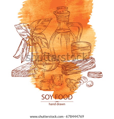 Watercolor background with different soy products: a bottle of soybean oil, a glass of milk, tofu and soybean plant. Vector hand drawn illustration