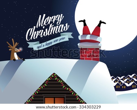 Merry Christmas Reindeer sees Santa Claus stuck in the chimney. EPS 10 vector, grouped for easy editing. No open shapes or paths.