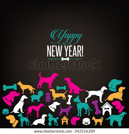 Yappy New Year dog silhouettes greeting card design. EPS 10 vector, grouped for easy editing. No open shapes or paths.
